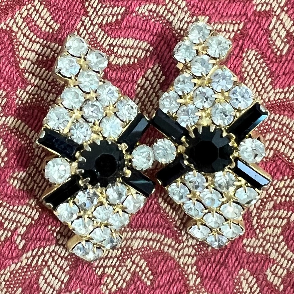 Vintage Gold-Tone Black & Crystal Pierced Earrings - Picture 6 of 6